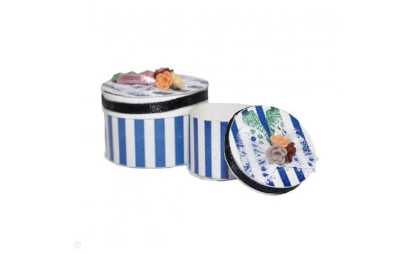 Miniature Blue and White Striped Hat Boxes,  Set of 2 Round Dollhouse Hat Boxes, Shadow Box Miniature