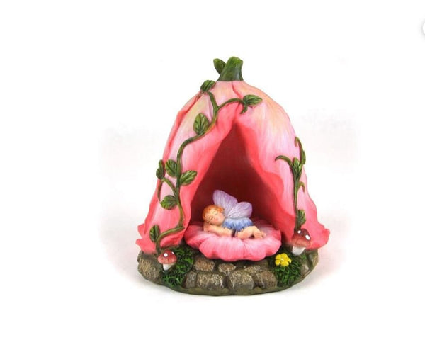 Pink Flower House with Sleeping Fairy,  Fairy Garden House, Baby Shower Centerpiece