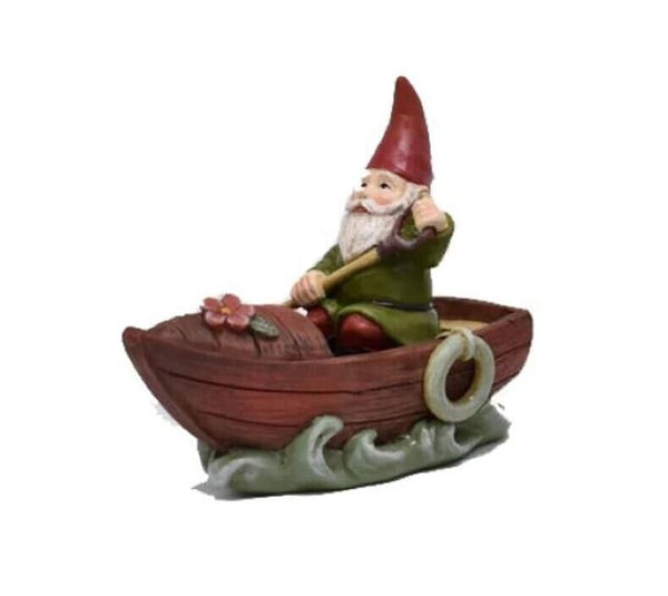 Miniature Gnome in a Boat, Gnome in a Rowboat, Fairy Garden Accessory