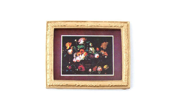 Dollhouse Picture of Flowers, Miniature Gold Framed Painting, Shadow Box Picture