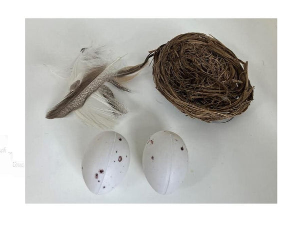 Brown Bird Nest with 2 Eggs and Feathers,  Artificial  Grass Nest, Create A Nest Kit