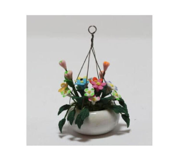 Artificial Miniature Spring Flower Hanging Basket, Pink Floral Arrangement, Dollhouse Flowers