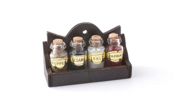 Miniature Spice Rack with 4 Jars, Dollhouse Wood Spice Cabinet, Dollhouse Kitchen Accessory