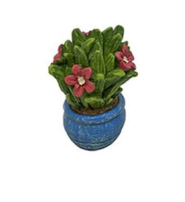 Miniature Red Flowers in a Blue Pot, Resin Flower Miniature, Dollhouse Garden Pot