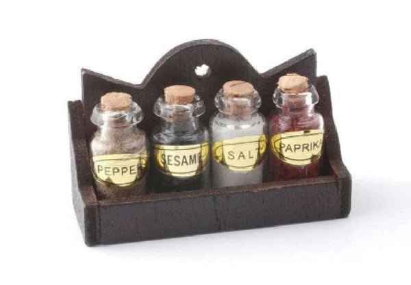 Miniature Spice Rack with 4 Jars, Dollhouse Wood Spice Cabinet, Dollhouse Kitchen Accessory