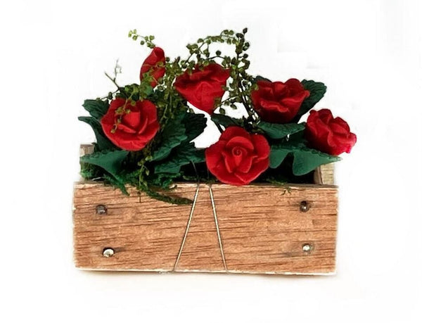 Miniature Window Box with Artificial Red Roses, Wooden Dollhouse Window Box