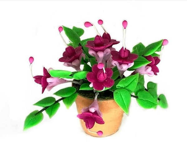 Artificial Fuchsias in a Pot, Miniature Pink Flowers, Dollhouse Florist Shop Flowers
