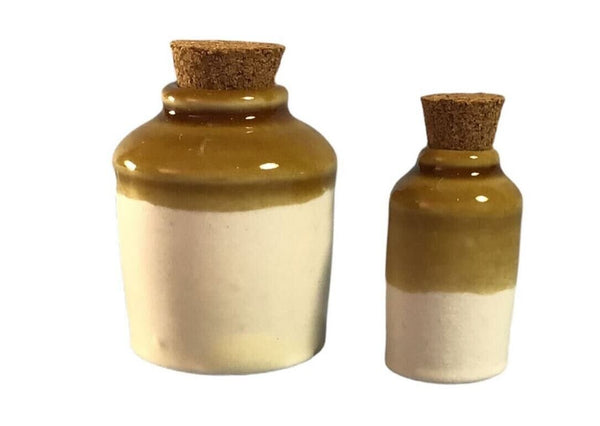 Pair of Miniature Glazed Stoneware Jars, Dollhouse Clay Pottery Jug, Fairy Garden Accessory