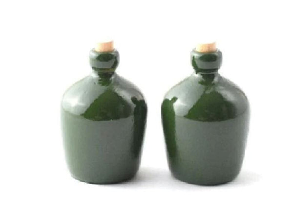 Pair of Green Dollhouse Stoneware Carboy Bottles, Miniature Pottery Jars with Cork
