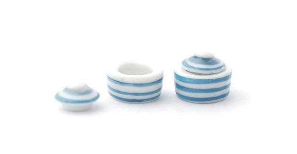 Dollhouse Blue and White Bowls with Lids, Pair of Miniature Striped Bowls