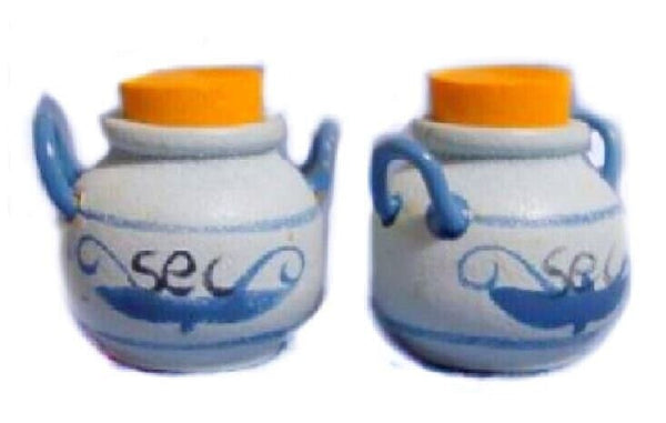 Pair of Dollhouse Stoneware Biscuit Jars, Miniature Blue Pottery Jars with Cork