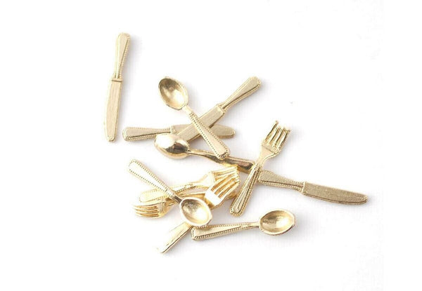 Gold-tone Dollhouse Miniature Cutlery, 1:12 Scale Forks, Knives, Spoons