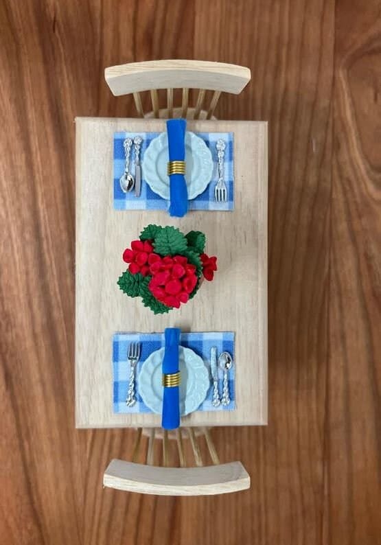 2 Dollhouse Kitchen Table Settings, Blue Placemats and Napkins with Plates and Cutlery for 2, Miniature Kitchen Table Setting