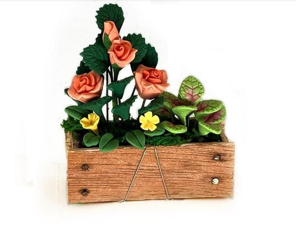 Miniature Window Box with Artificial Coral Roses, Wooden Dollhouse Window Box