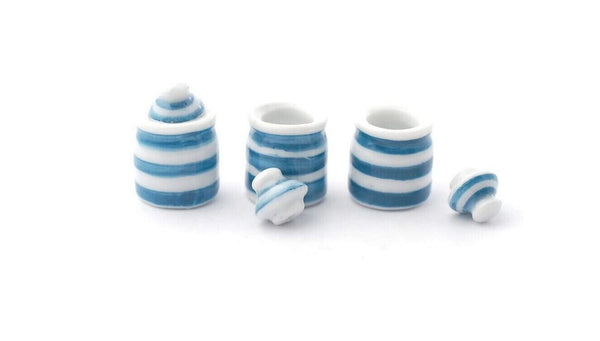 Dollhouse Blue and White Canisters, Miniature Striped Storage Containers, Dollhouse Kitchen