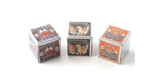 Dollhouse Miniature Metal Biscuit Tins, 'Coronation Biscuit' Tins, Dollhouse Kitchen Supply