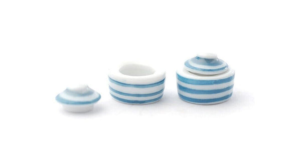 Dollhouse Blue and White Bowls with Lids, Pair of Miniature Striped Bowls