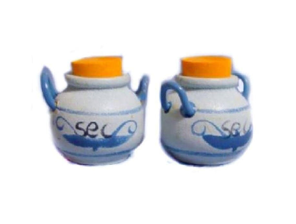 Pair of Dollhouse Stoneware Biscuit Jars, Miniature Blue Pottery Jars with Cork