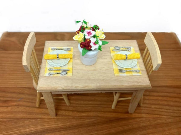 2 Dollhouse Kitchen Table Settings, Yellow Placemats and Napkins with Plates and Cutlery, Miniature Kitchen Table Setting