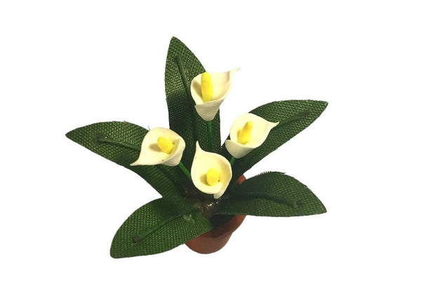 Miniature Artificial Peace Lily for Dollhouse or Fairy Garden, White Flowers in Terracotta Pot