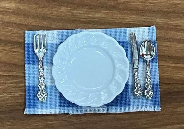 2 Dollhouse Kitchen Table Settings, Blue Placemats and Napkins with Plates and Cutlery for 2, Miniature Kitchen Table Setting