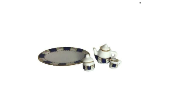Blue and White Ceramic Dollhouse Miniature Tea Set, Miniature Teapot, Sugar Bowl, Pitcher and Tray