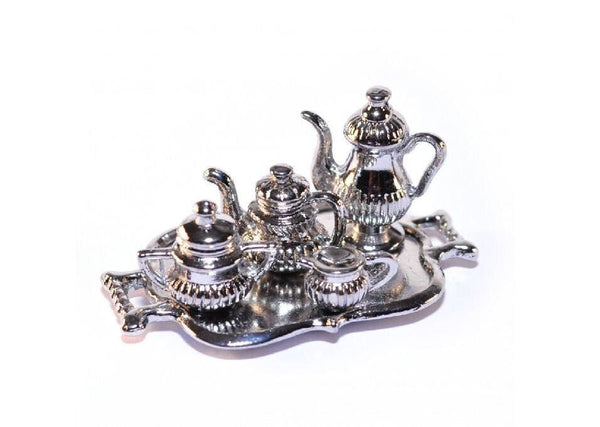 Miniature Silver Tone Metal Coffee and Tea Set, Dollhouse Teapot, Coffee Pot, Sugar Bowl, Pitcher and Tray
